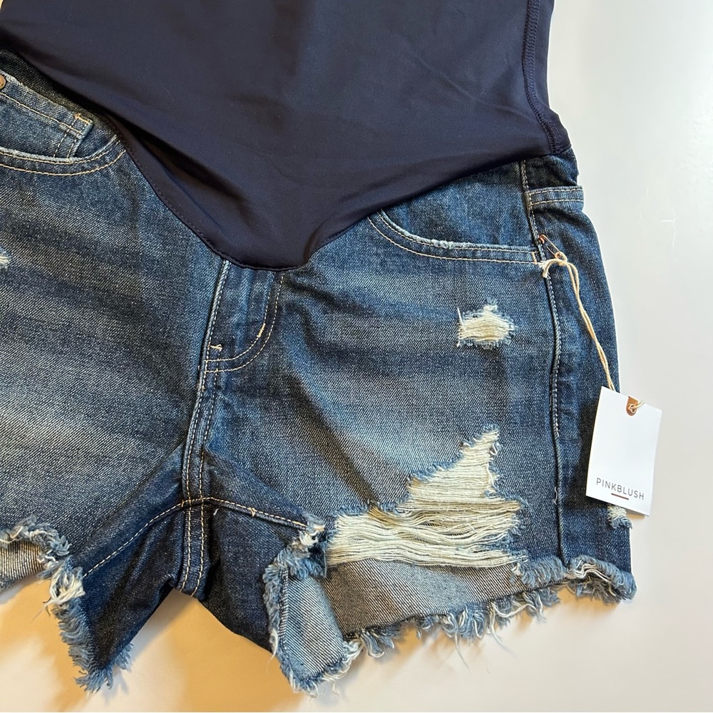Pinkblush Dark Wash Distressed Raw Hem Maternity Full Panel Shorts - Picture 5 of 8